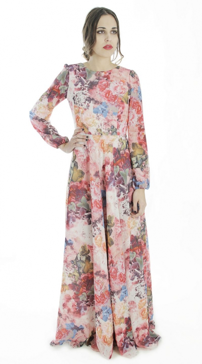 vestido largo de fiesta estampado flores manga larga para boda